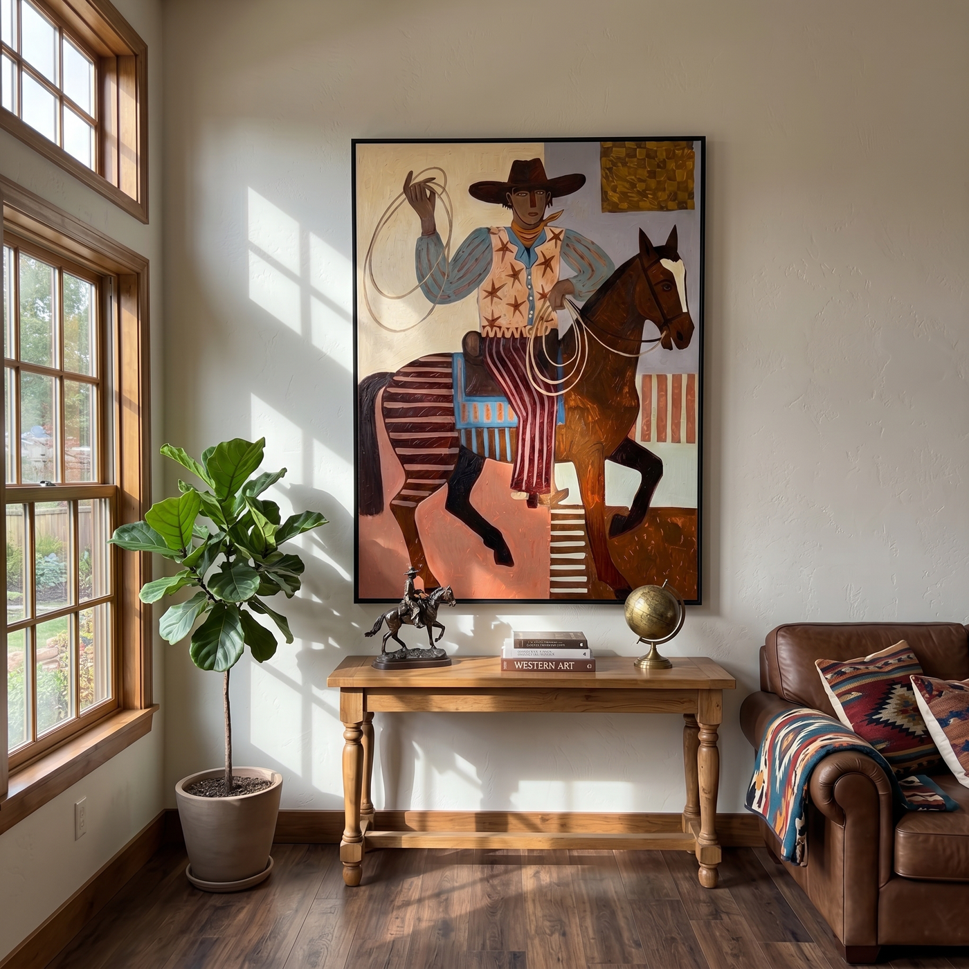 Soft Dance – brown and gray modern folk art cowboy & cowgirl art, vertical hand-painted canvas art – view 3