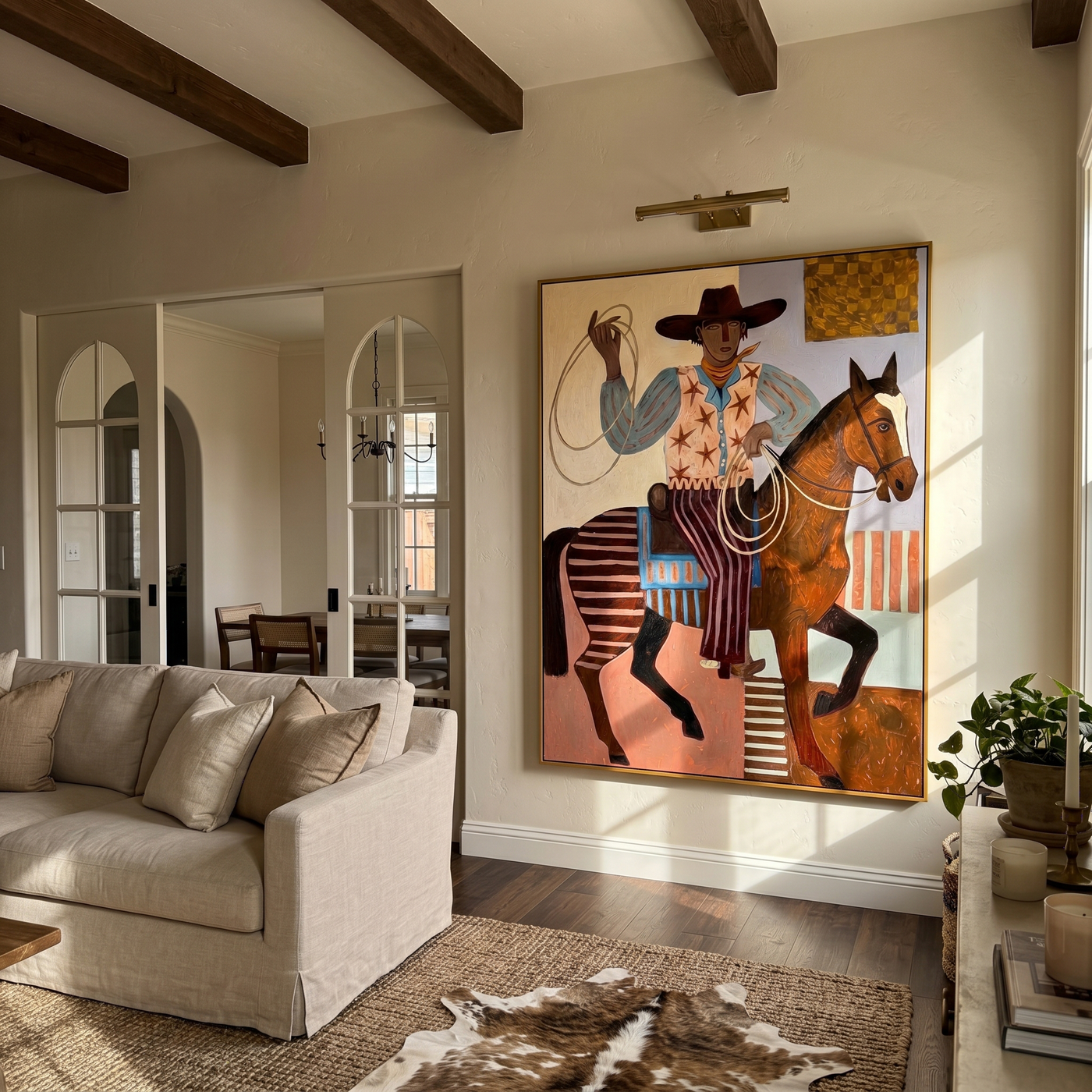 Soft Dance – brown and gray modern folk art cowboy & cowgirl art, vertical hand-painted canvas art – view 4