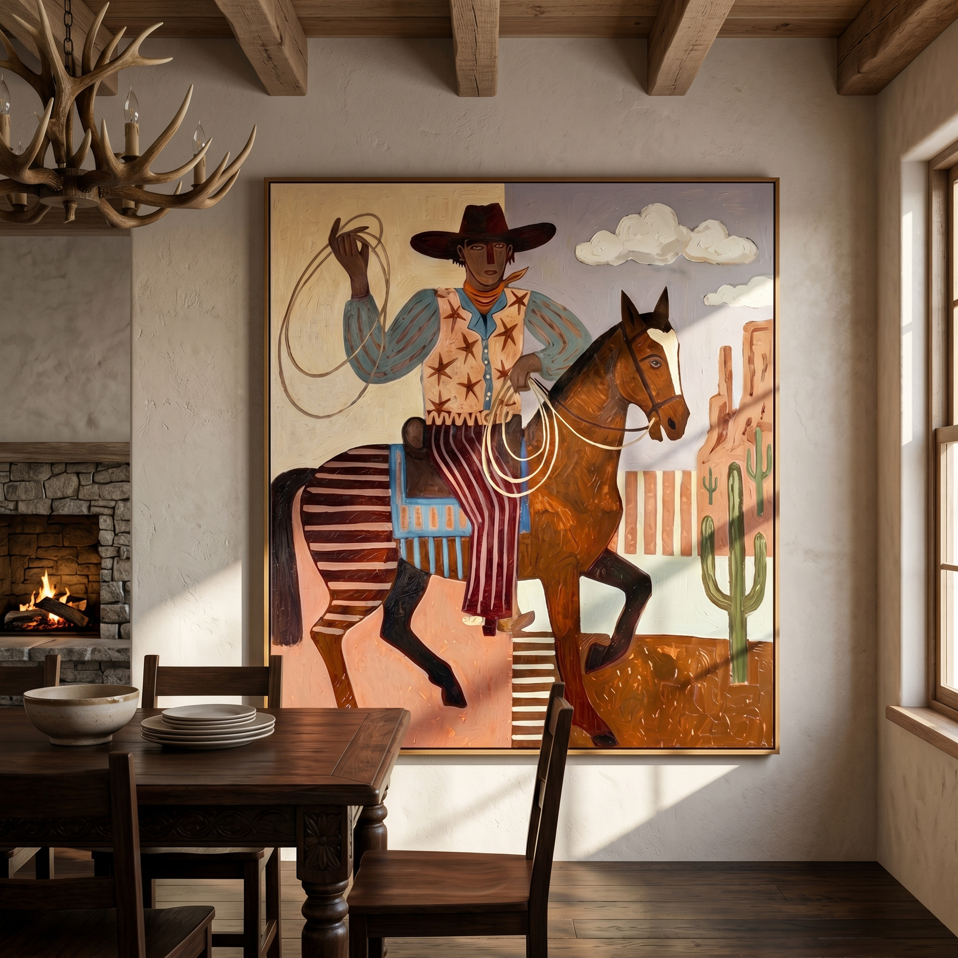 Soft Dance – brown and gray modern folk art cowboy & cowgirl art, vertical hand-painted canvas art – view 5