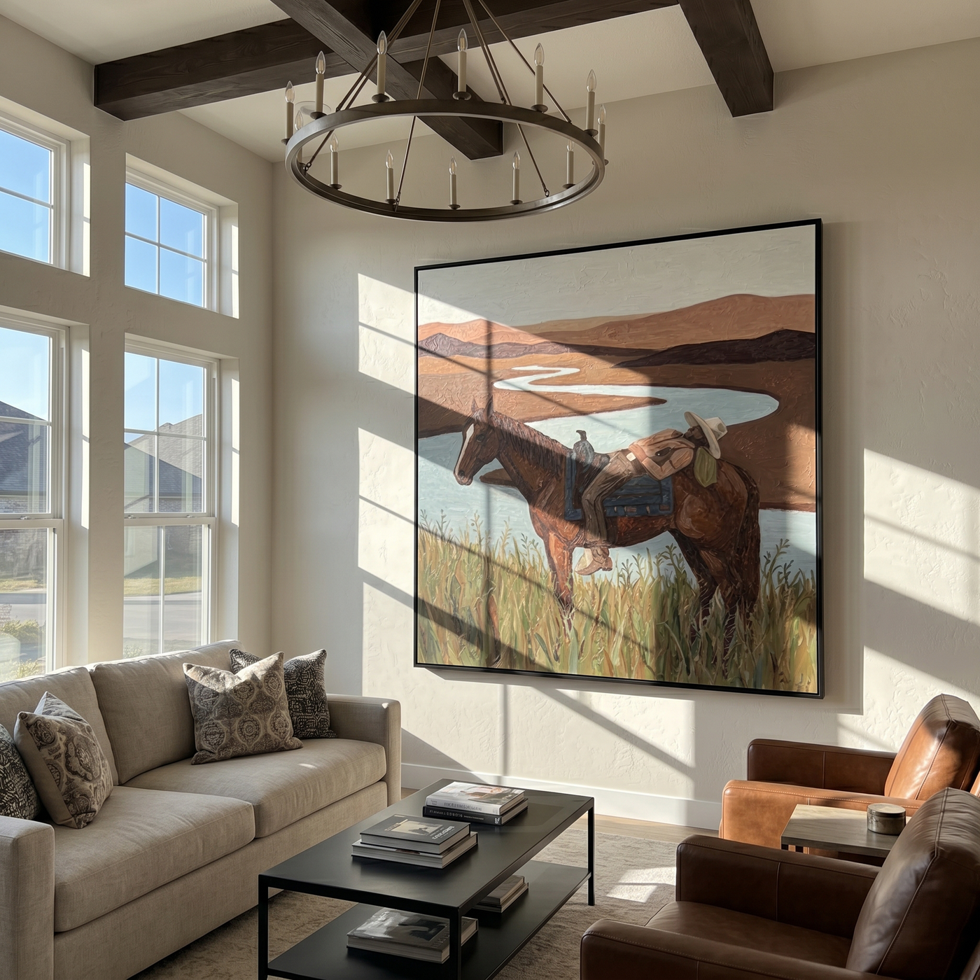 Tender Hour – brown and gray modern folk art cowboy & cowgirl art, square hand-painted canvas art – view 2