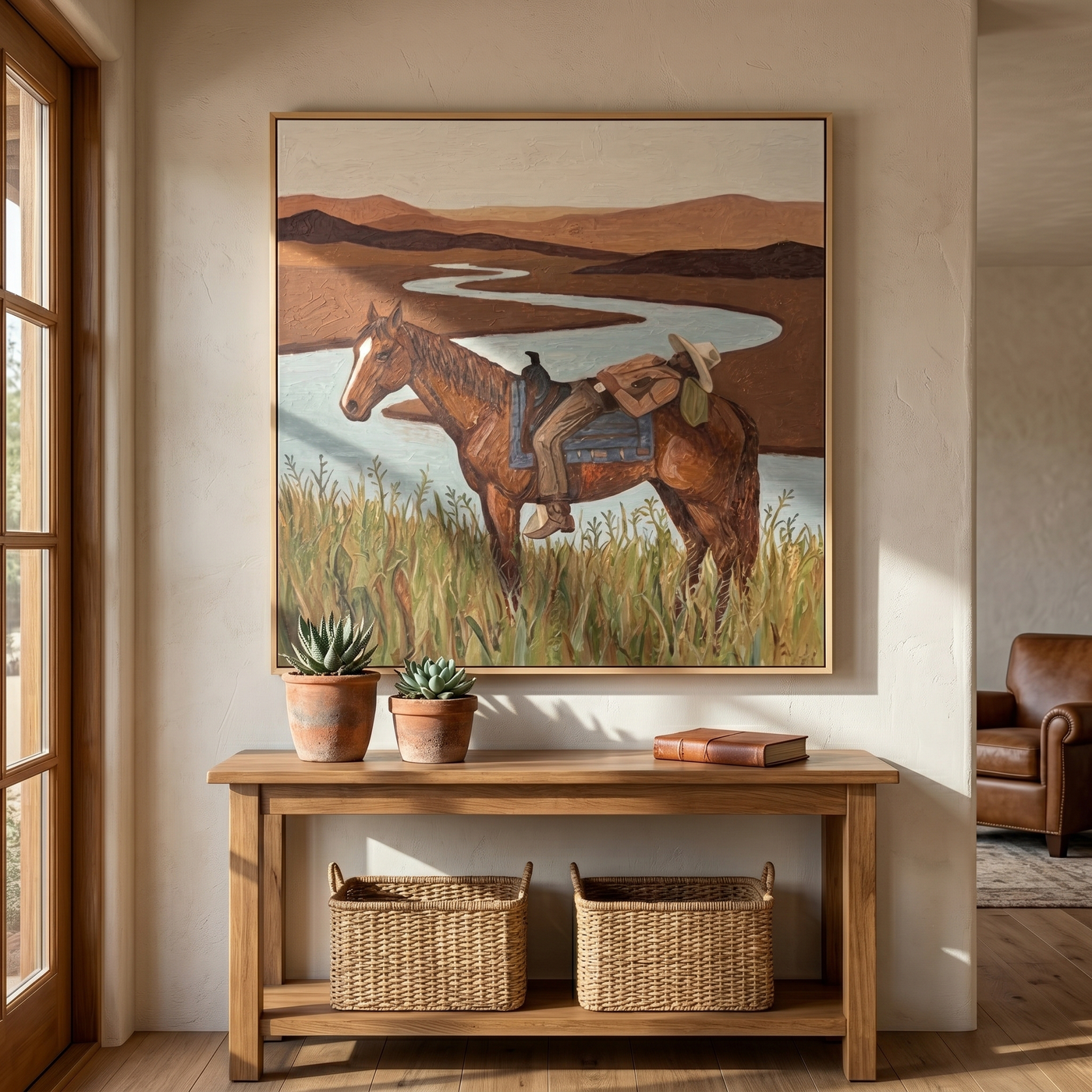 Tender Hour – brown and gray modern folk art cowboy & cowgirl art, square hand-painted canvas art – view 3