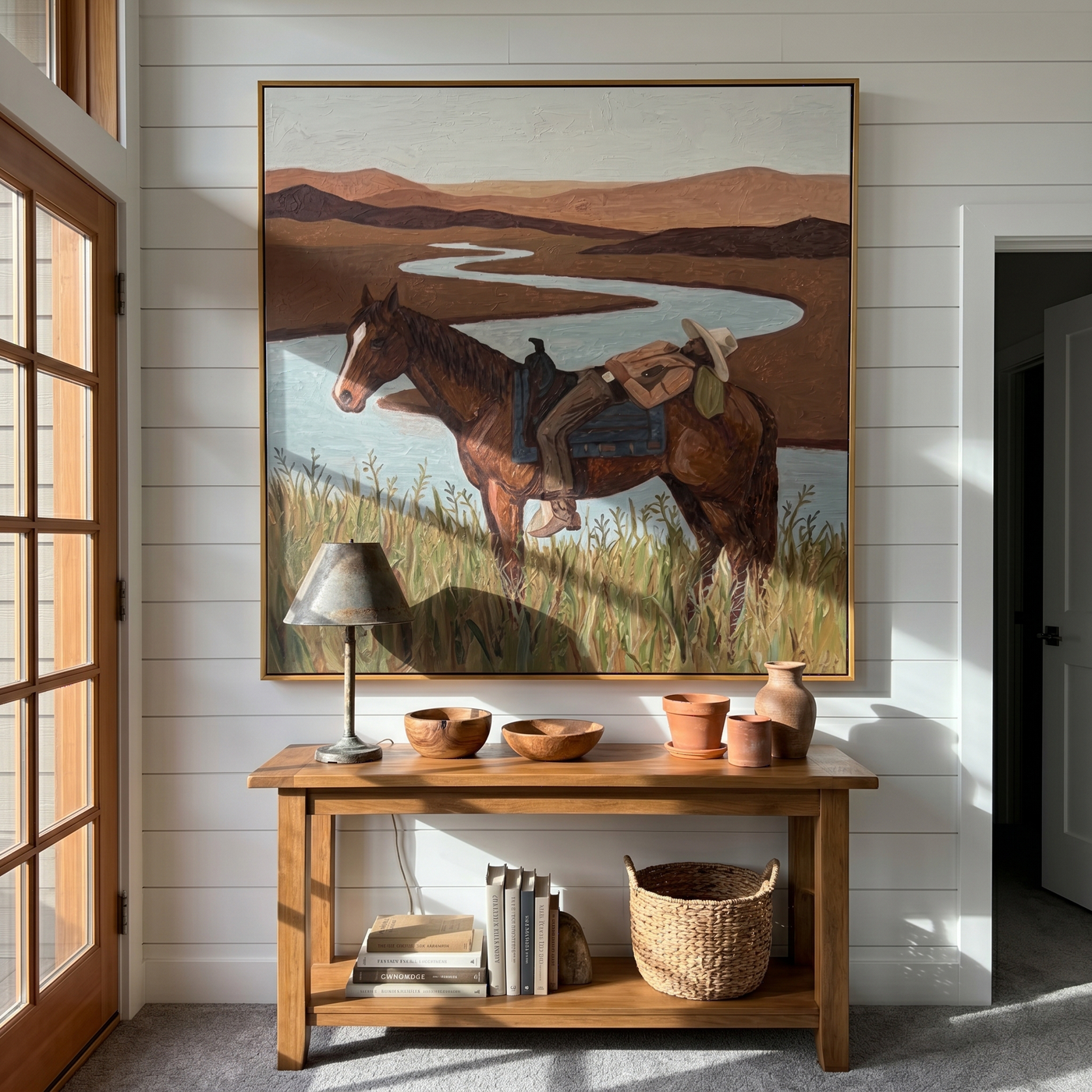 Tender Hour – brown and gray modern folk art cowboy & cowgirl art, square hand-painted canvas art – view 4