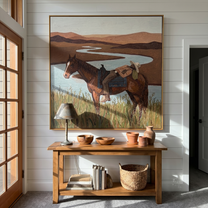 Tender Hour – brown and gray modern folk art cowboy & cowgirl art, square hand-painted canvas art – view 4