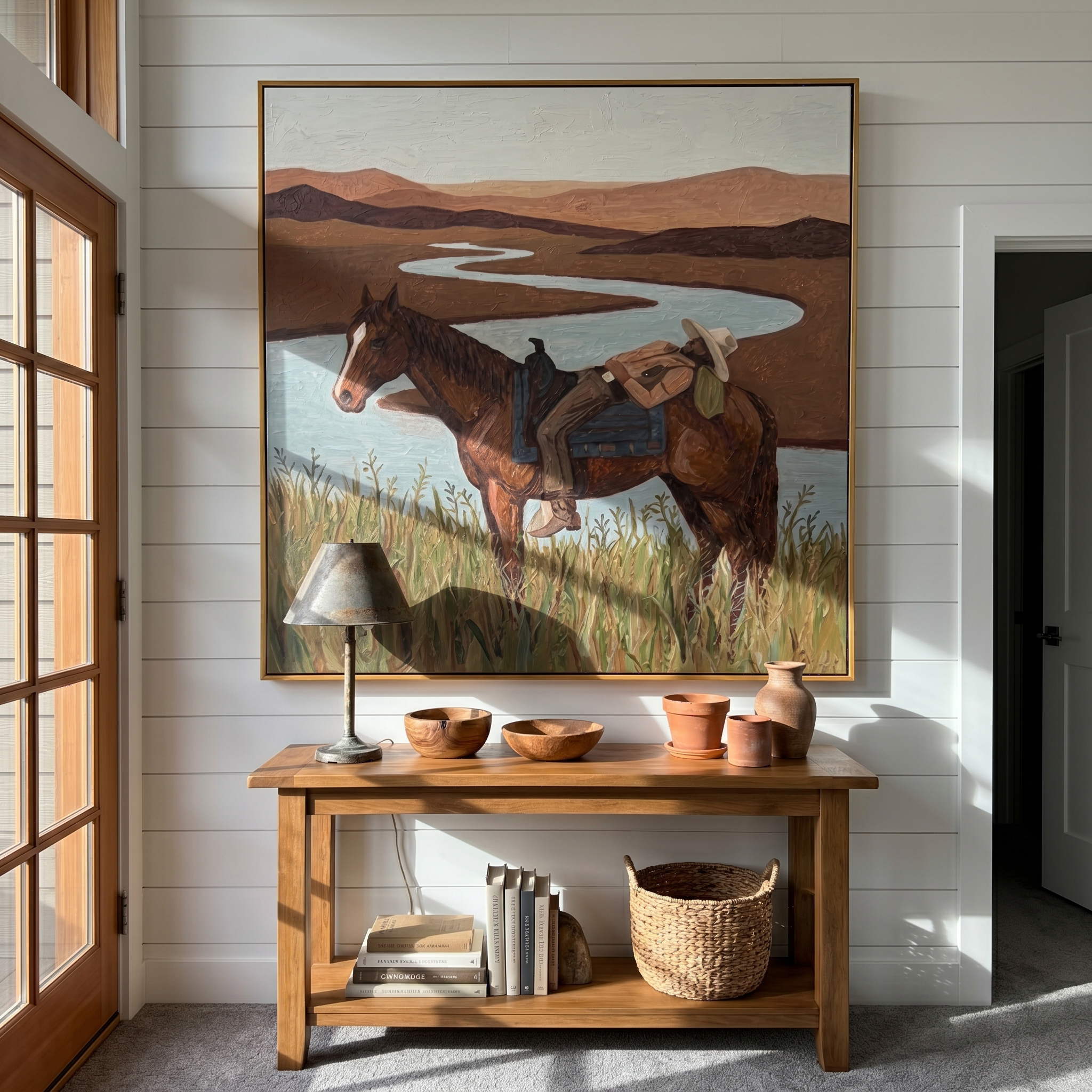 Tender Hour – brown and gray modern folk art cowboy & cowgirl art, square hand-painted canvas art – view 4