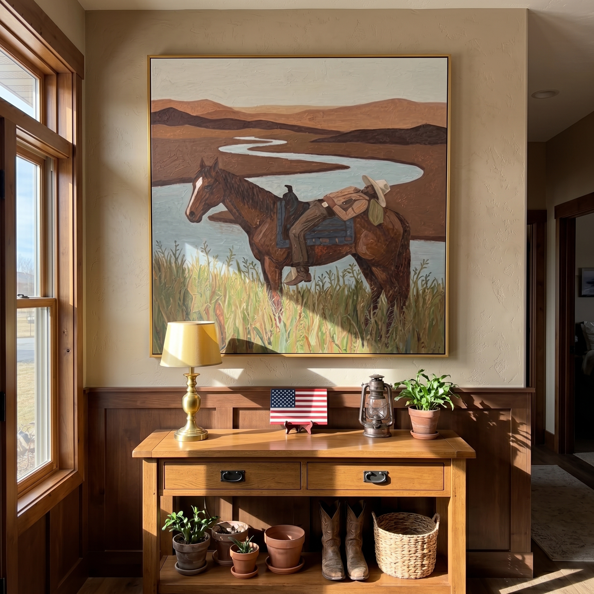 Tender Hour – brown and gray modern folk art cowboy & cowgirl art, square hand-painted canvas art – view 6