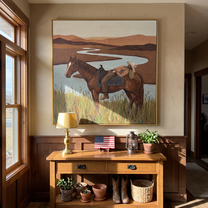Tender Hour – brown and gray modern folk art cowboy & cowgirl art, square hand-painted canvas art – view 6
