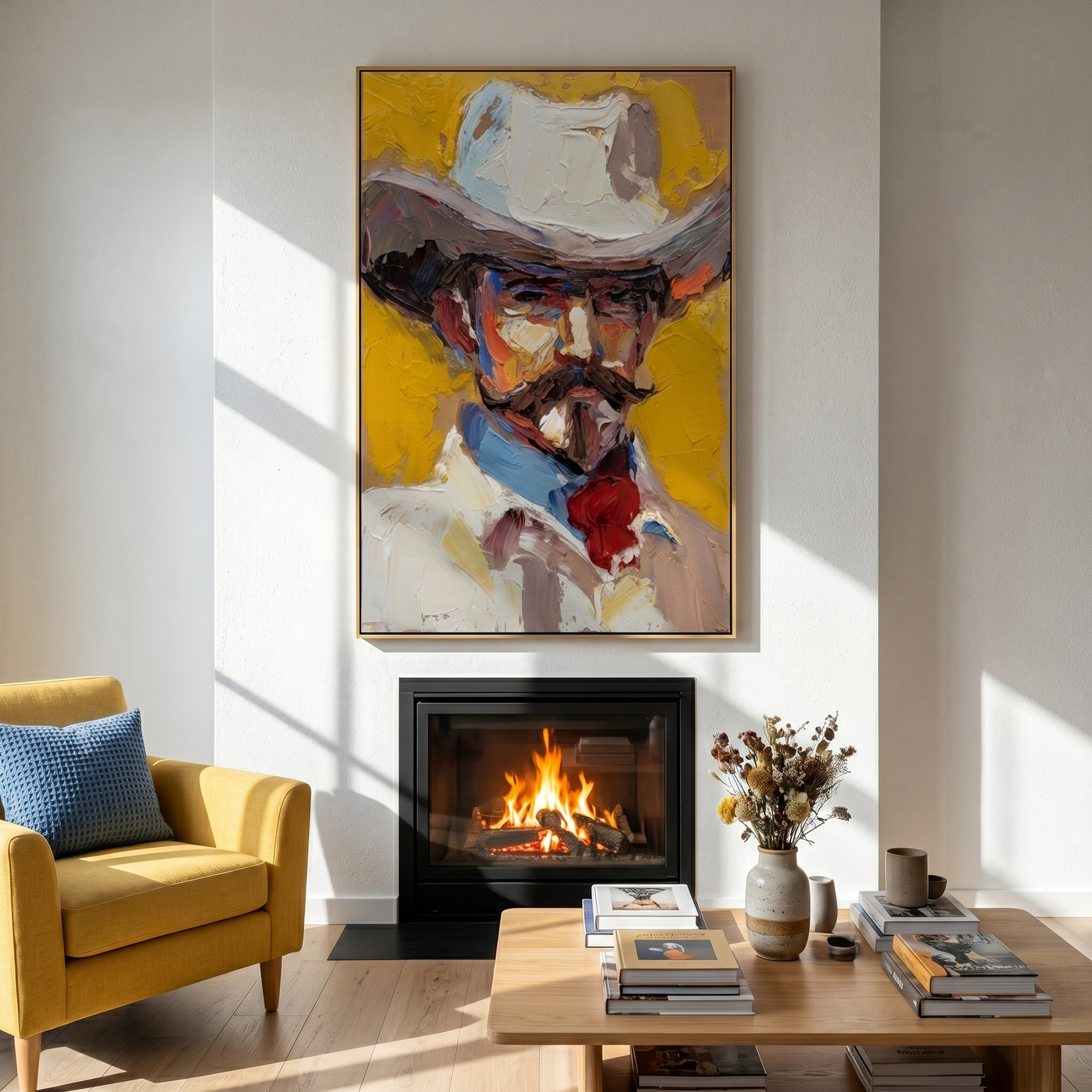 Western Rhythm – gold and gray and brown modern folk art cowboy & cowgirl art, vertical hand-painted canvas art – view 2
