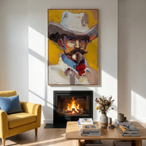Western Rhythm – gold and gray and brown modern folk art cowboy & cowgirl art, vertical hand-painted canvas art – view 2