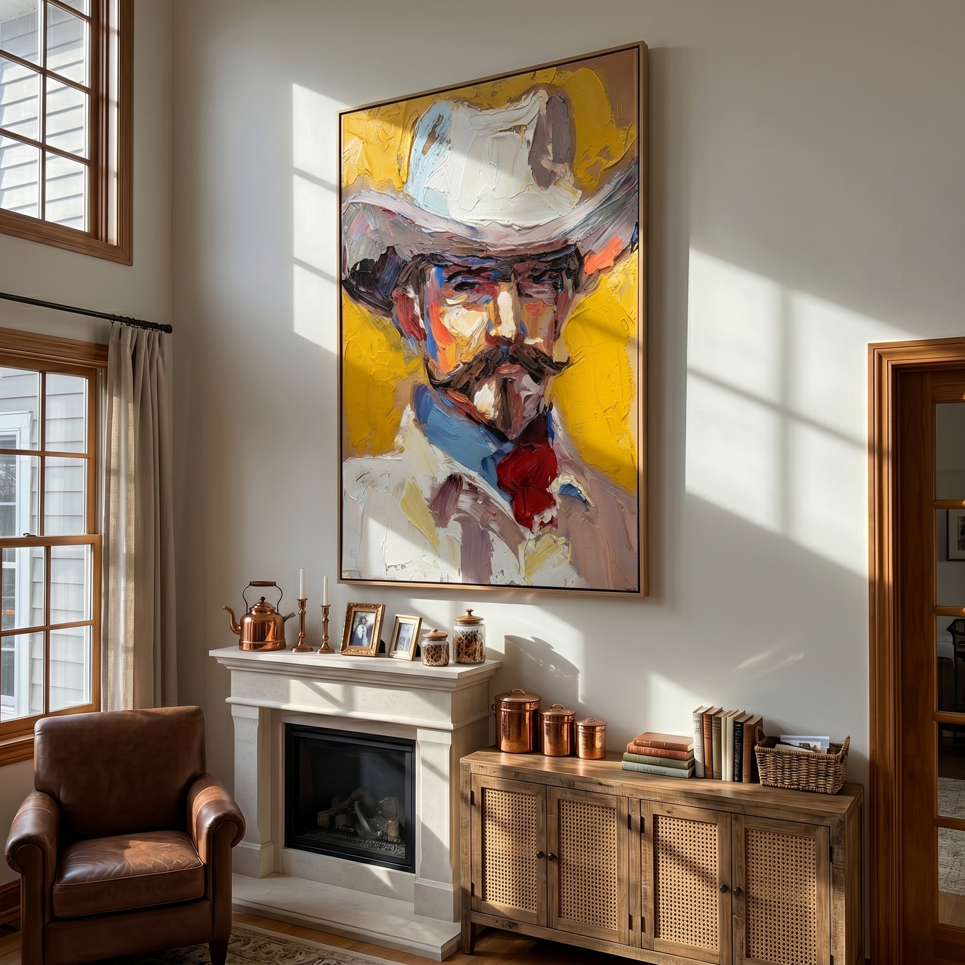 Western Rhythm – gold and gray and brown modern folk art cowboy & cowgirl art, vertical hand-painted canvas art – view 3