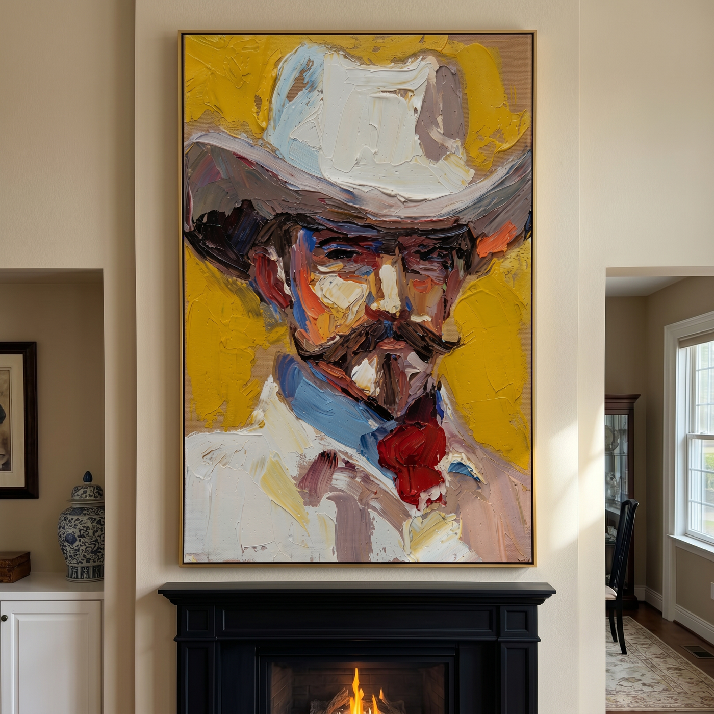 Western Rhythm – gold and gray and brown modern folk art cowboy & cowgirl art, vertical hand-painted canvas art – view 4