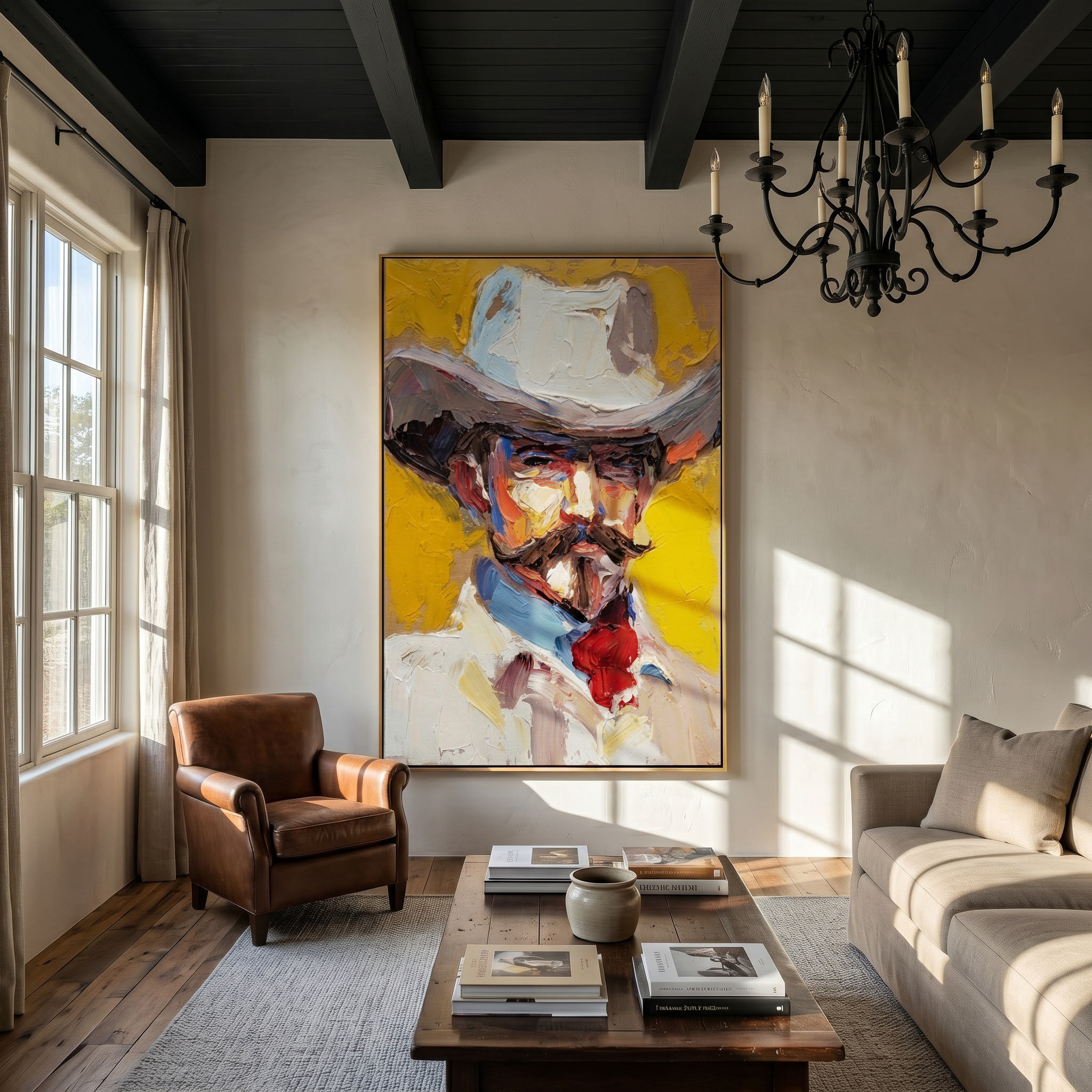 Western Rhythm – gold and gray and brown modern folk art cowboy & cowgirl art, vertical hand-painted canvas art – view 5