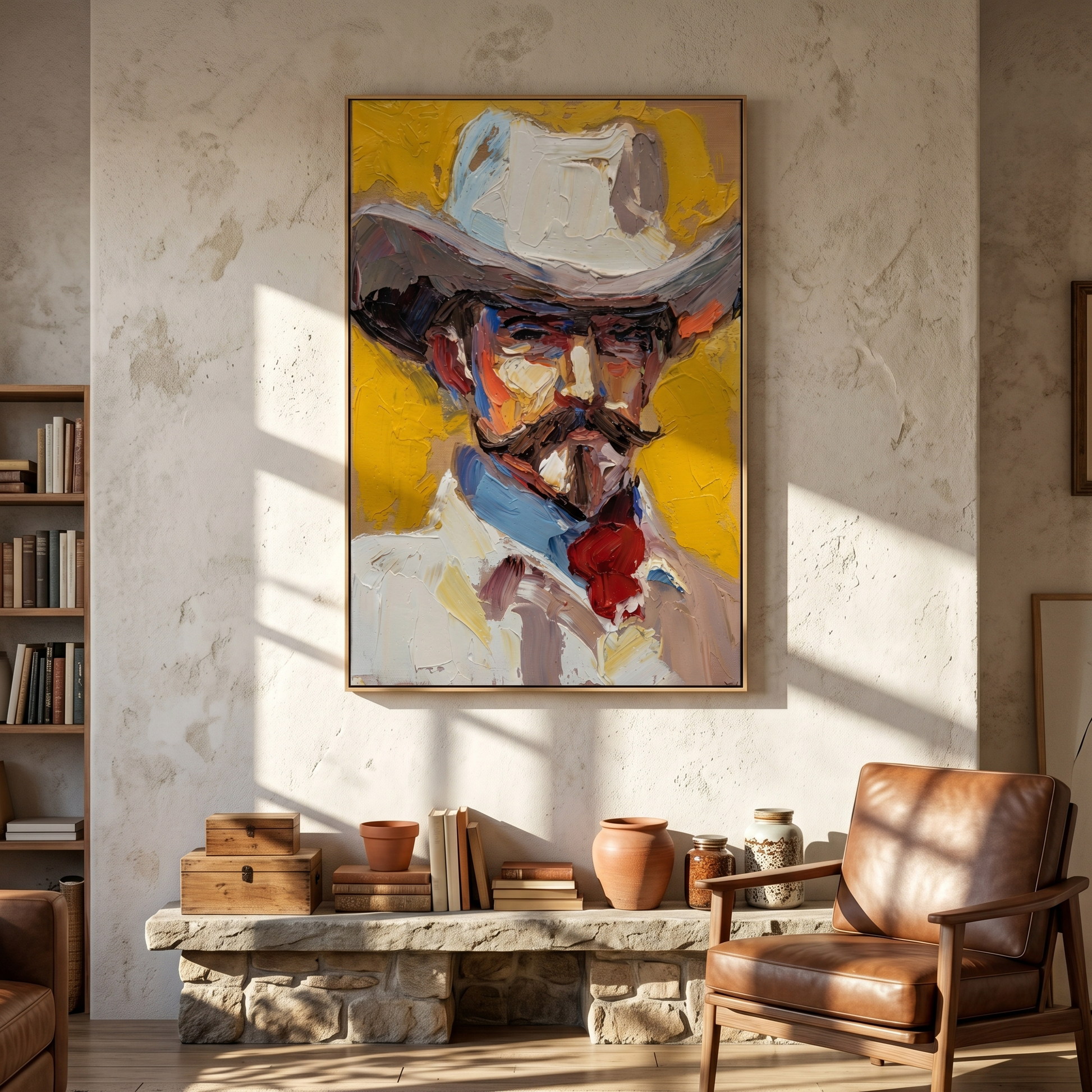 Western Rhythm – gold and gray and brown modern folk art cowboy & cowgirl art, vertical hand-painted canvas art – view 6