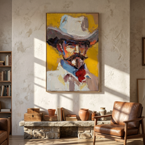 Western Rhythm – gold and gray and brown modern folk art cowboy & cowgirl art, vertical hand-painted canvas art – view 6