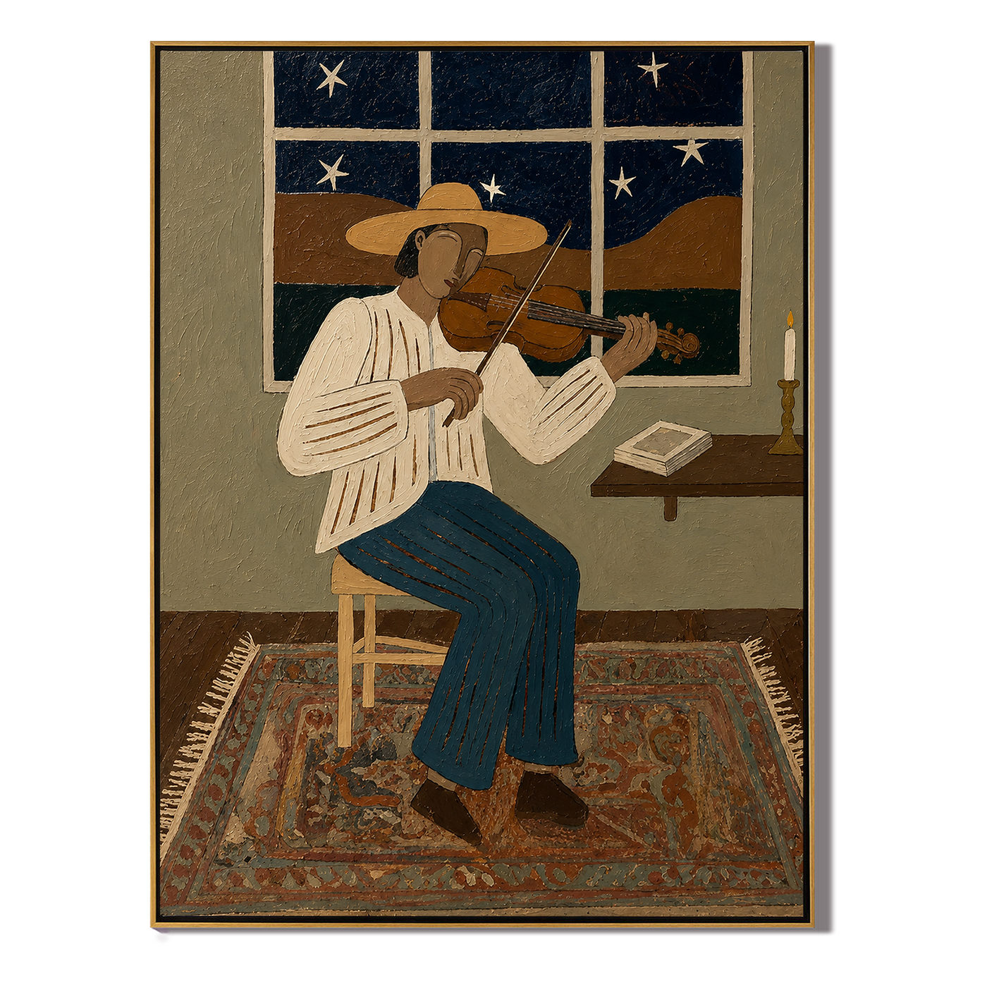 Amber Wind – brown and black modern folk art cowboy & cowgirl art, vertical hand-painted canvas art – view 1