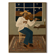 Amber Wind – brown and black modern folk art cowboy & cowgirl art, vertical hand-painted canvas art – view 1