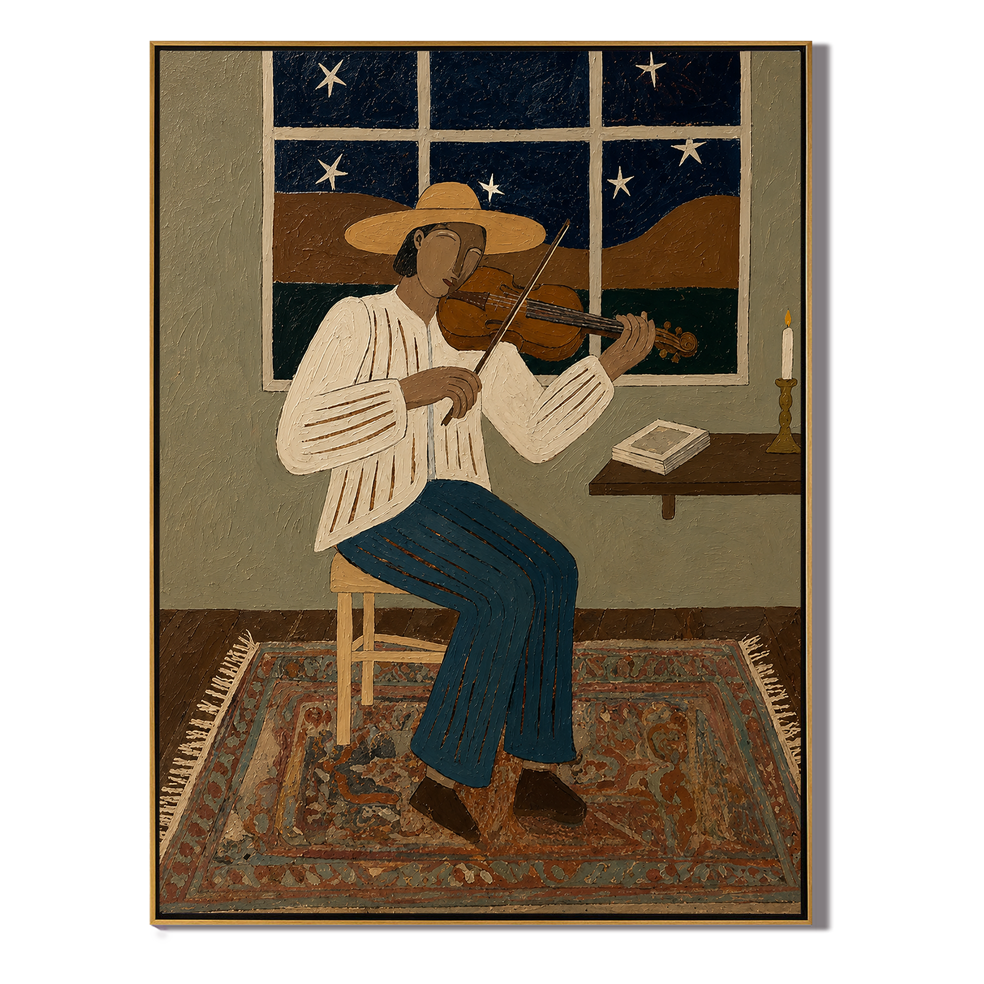 Amber Wind – brown and black modern folk art cowboy & cowgirl art, vertical hand-painted canvas art – view 1