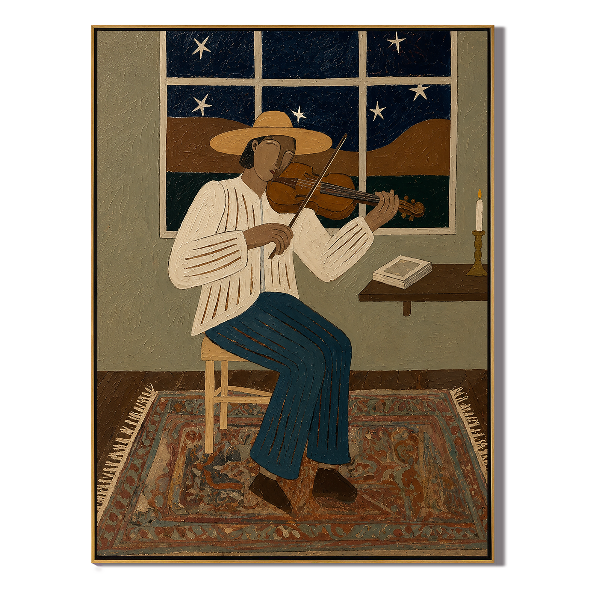 Amber Wind – brown and black modern folk art cowboy & cowgirl art, vertical hand-painted canvas art – view 1