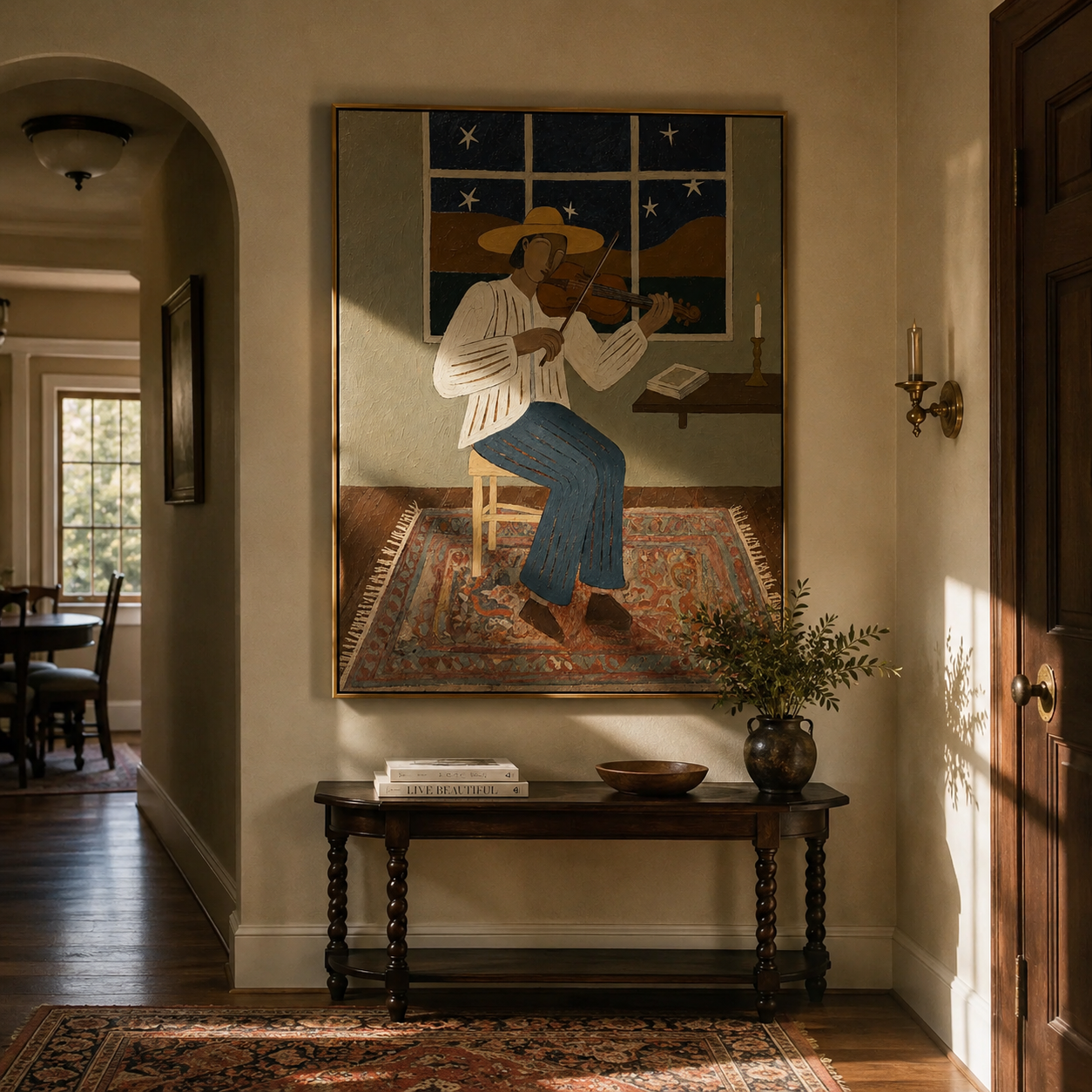 Amber Wind – brown and black modern folk art cowboy & cowgirl art, vertical hand-painted canvas art – view 3