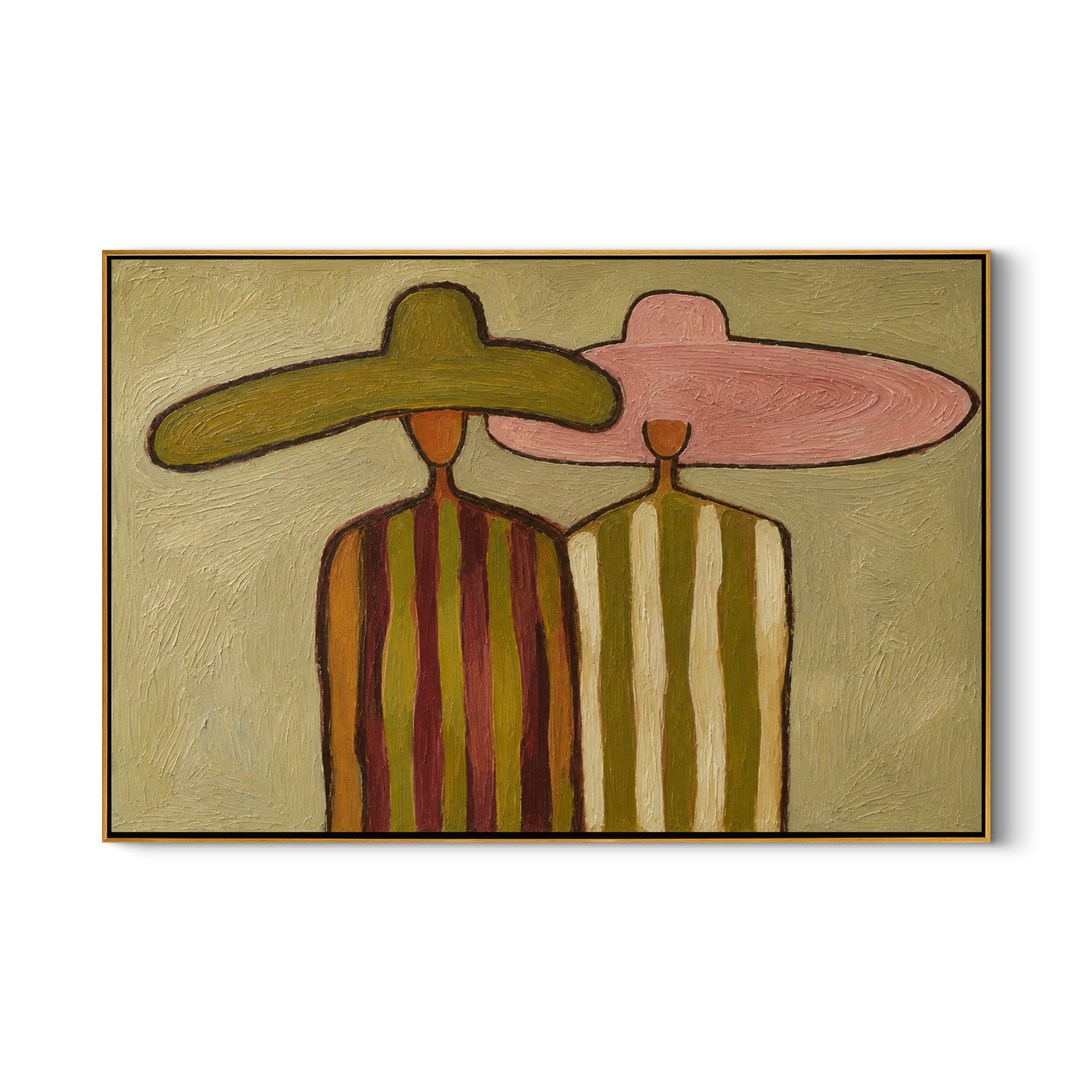 Canyon Embrace – gold and brown modern folk art cowboy & cowgirl art, horizontal hand-painted canvas art – view 1