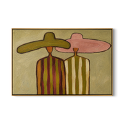 Canyon Embrace – gold and brown modern folk art cowboy & cowgirl art, horizontal hand-painted canvas art – view 1