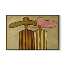 Canyon Embrace – gold and brown modern folk art cowboy & cowgirl art, horizontal hand-painted canvas art – view 1