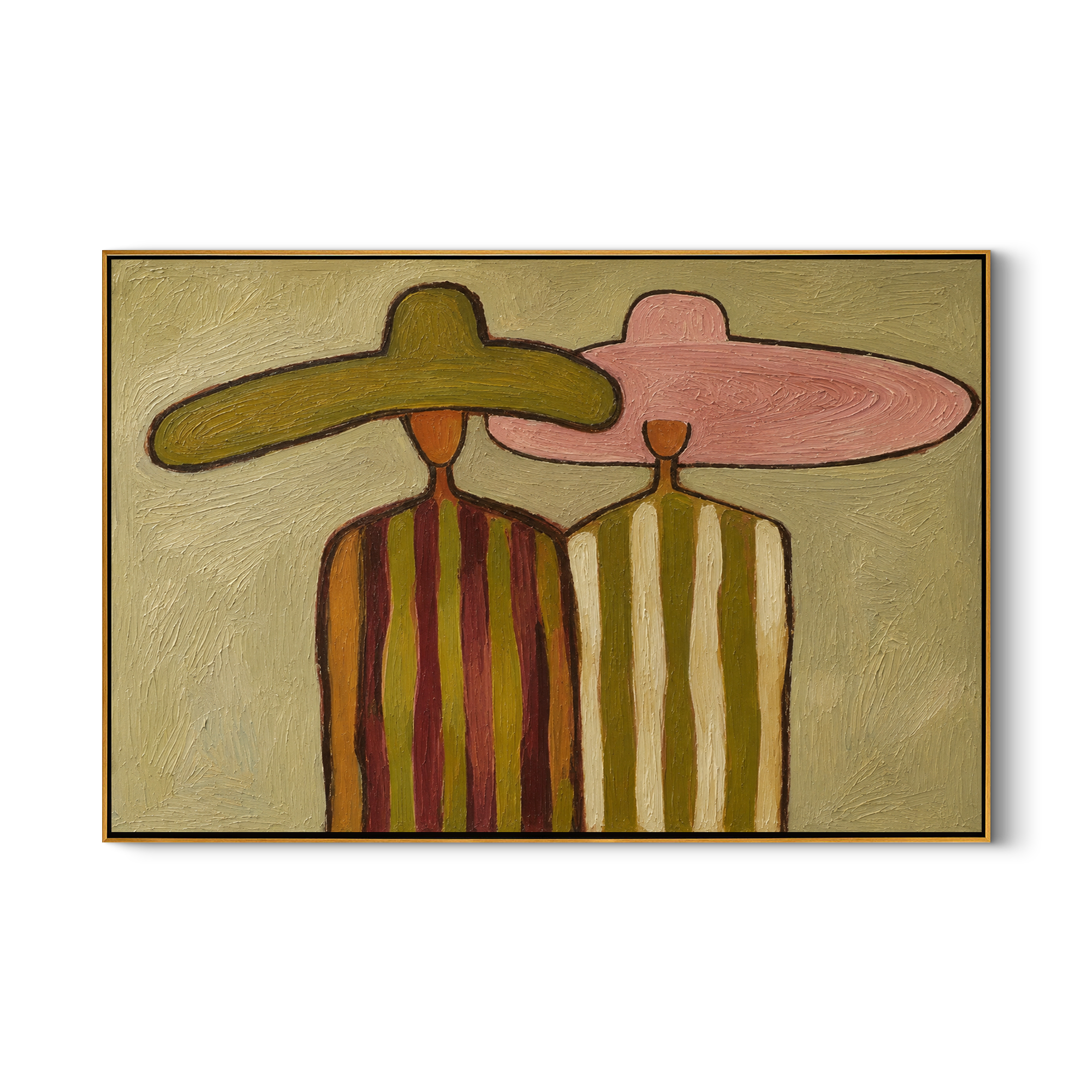 Canyon Embrace – gold and brown modern folk art cowboy & cowgirl art, horizontal hand-painted canvas art – view 1