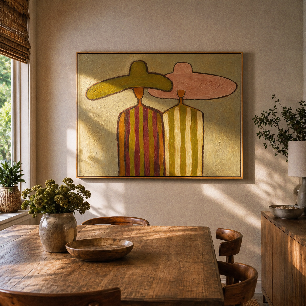 Canyon Embrace – gold and brown modern folk art cowboy & cowgirl art, horizontal hand-painted canvas art – view 3