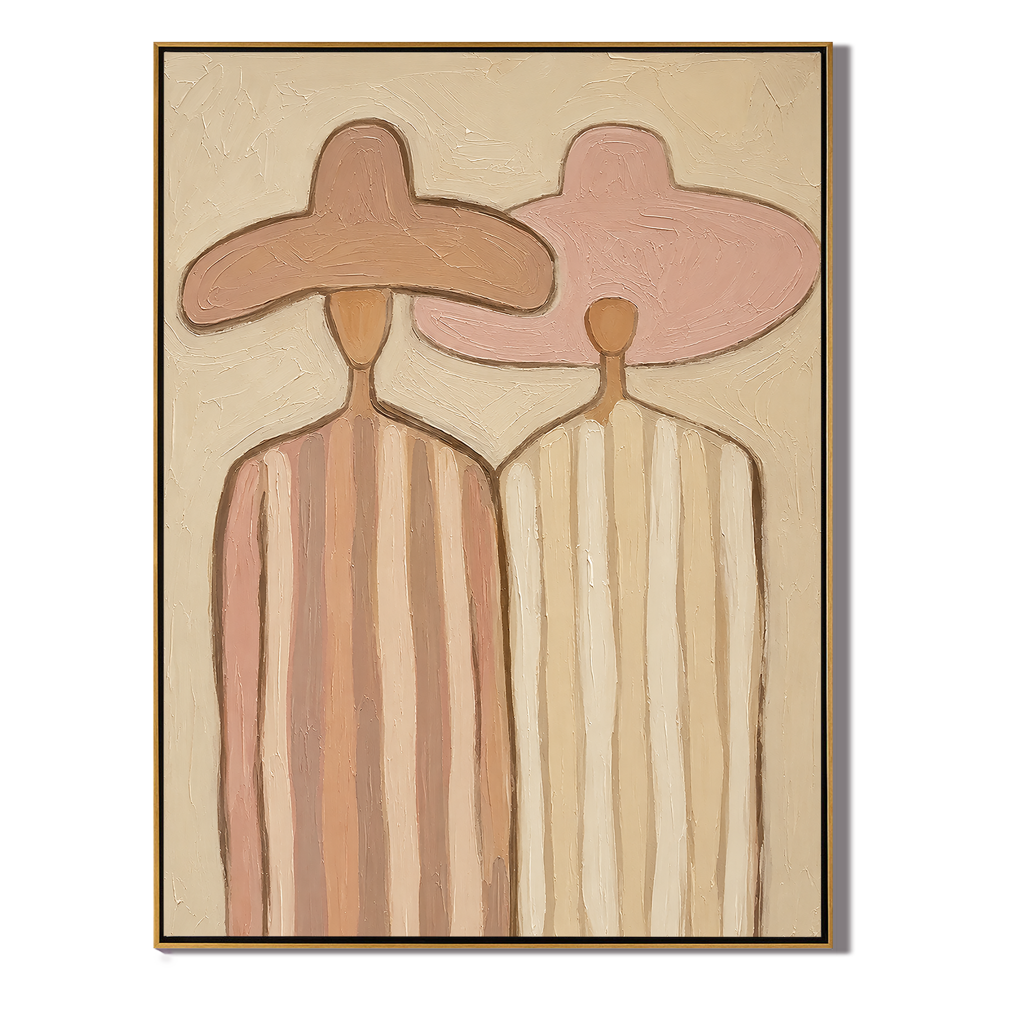 Distant Memory – brown and gold modern folk art cowboy & cowgirl art, vertical hand-painted canvas art – view 1