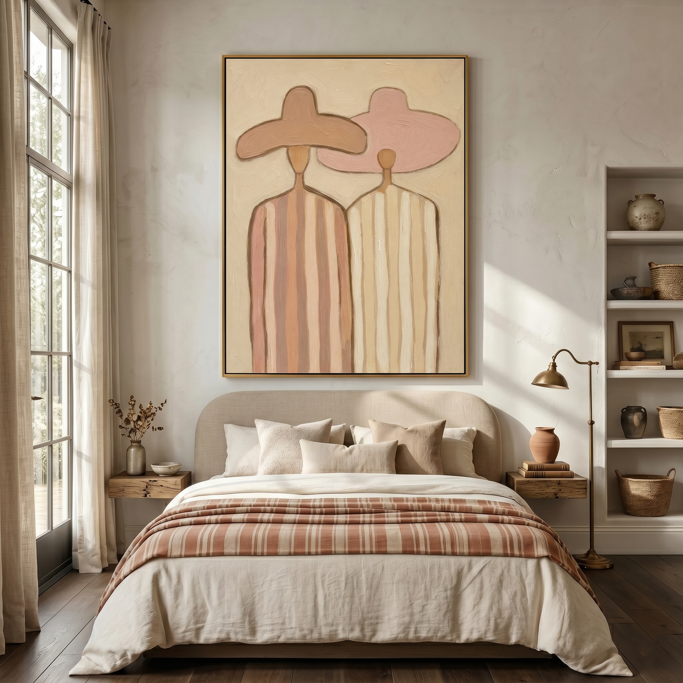 Distant Memory – brown and gold modern folk art cowboy & cowgirl art, vertical hand-painted canvas art – view 2