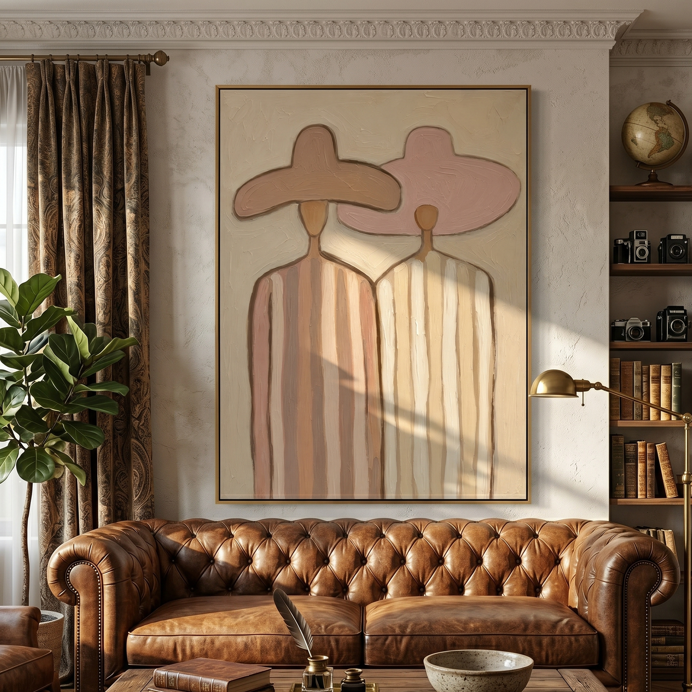 Distant Memory – brown and gold modern folk art cowboy & cowgirl art, vertical hand-painted canvas art – view 3