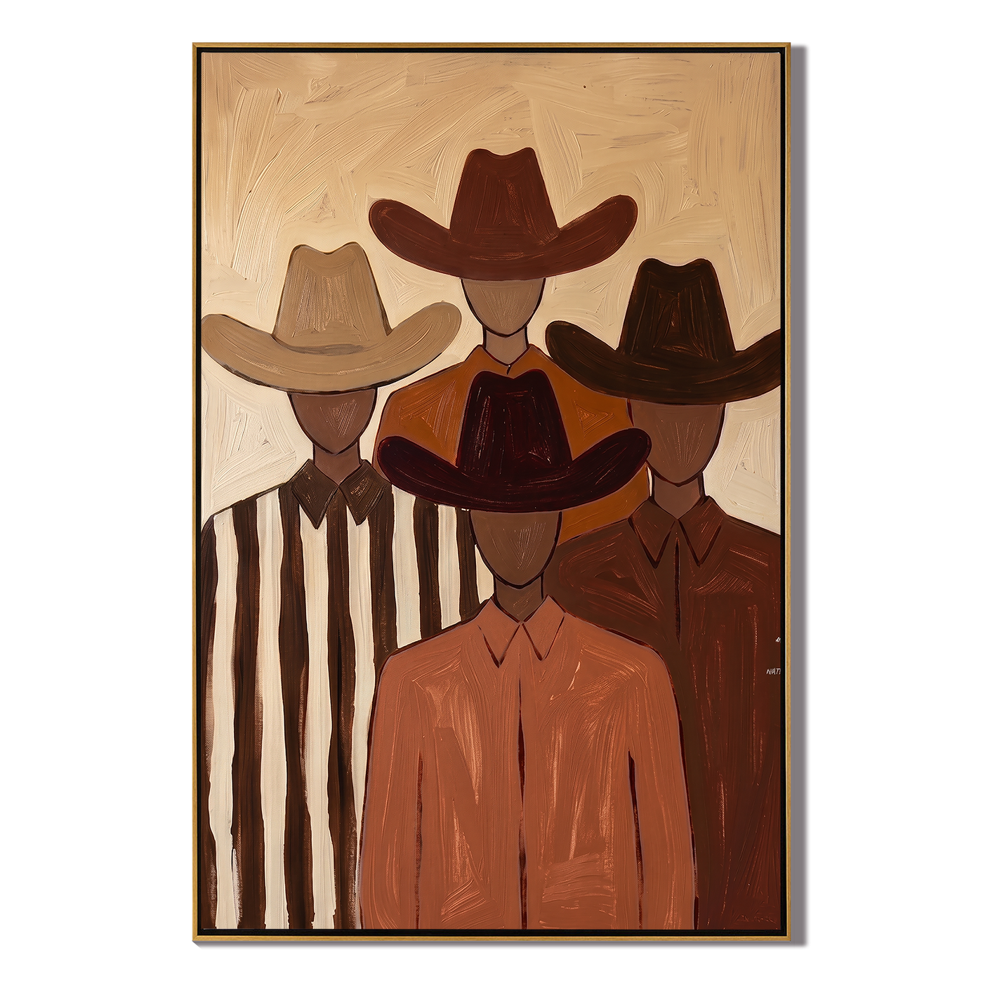 Hidden Trail – brown and black modern folk art cowboy & cowgirl art, vertical hand-painted canvas art – view 1