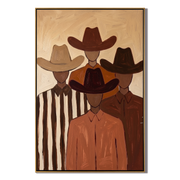 Hidden Trail – brown and black modern folk art cowboy & cowgirl art, vertical hand-painted canvas art – view 1