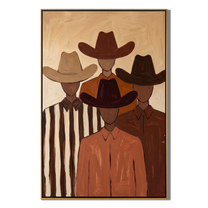 Hidden Trail – brown and black modern folk art cowboy & cowgirl art, vertical hand-painted canvas art – view 1