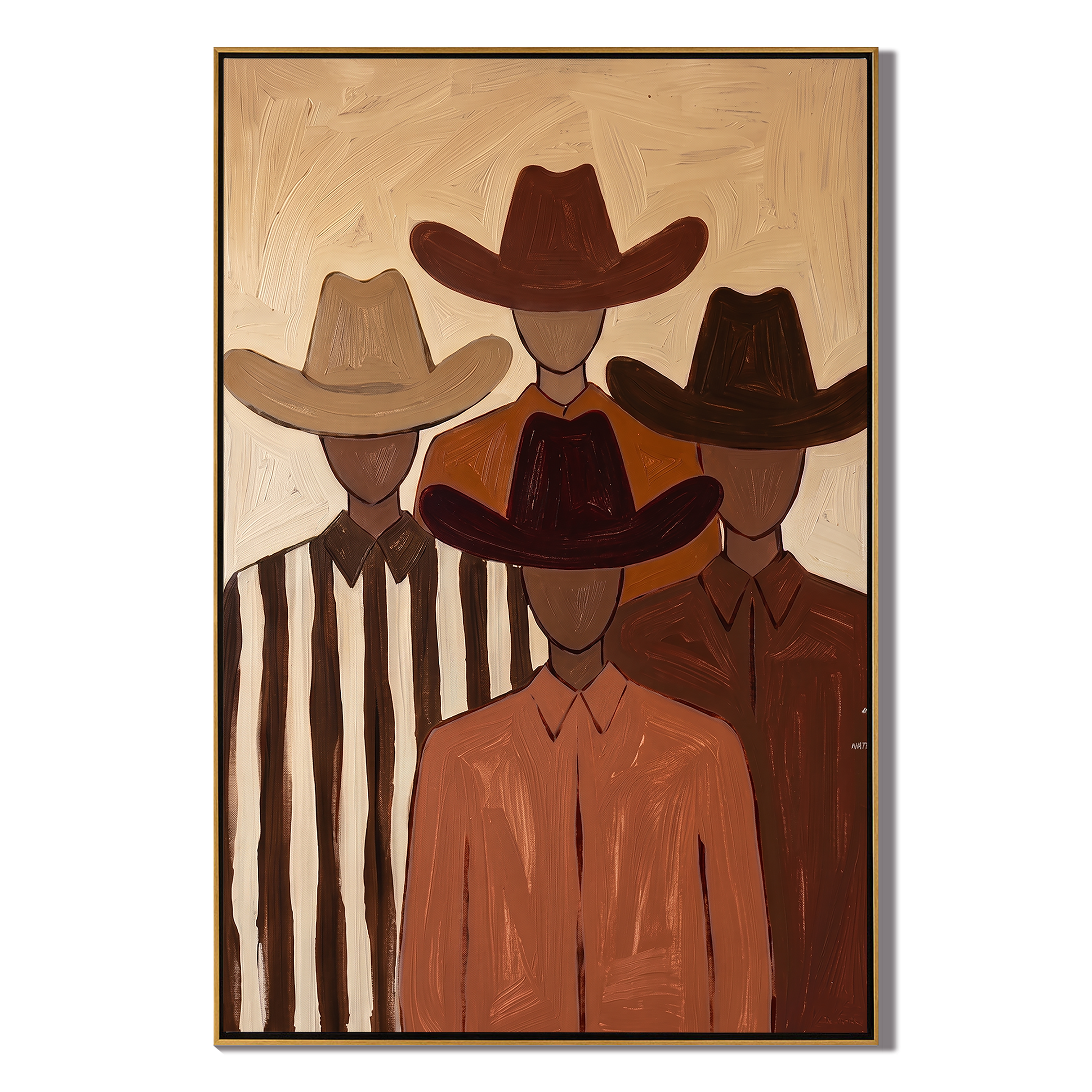 Hidden Trail – brown and black modern folk art cowboy & cowgirl art, vertical hand-painted canvas art – view 1