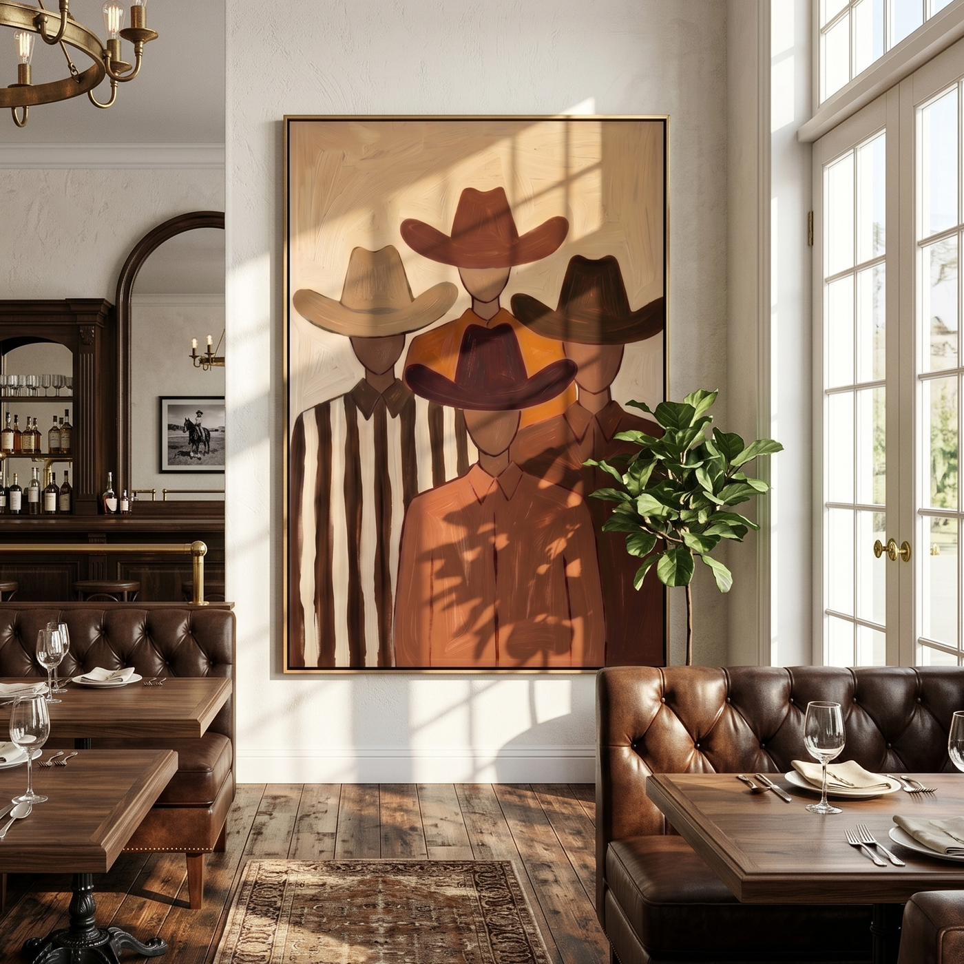 Hidden Trail – brown and black modern folk art cowboy & cowgirl art, vertical hand-painted canvas art – view 2