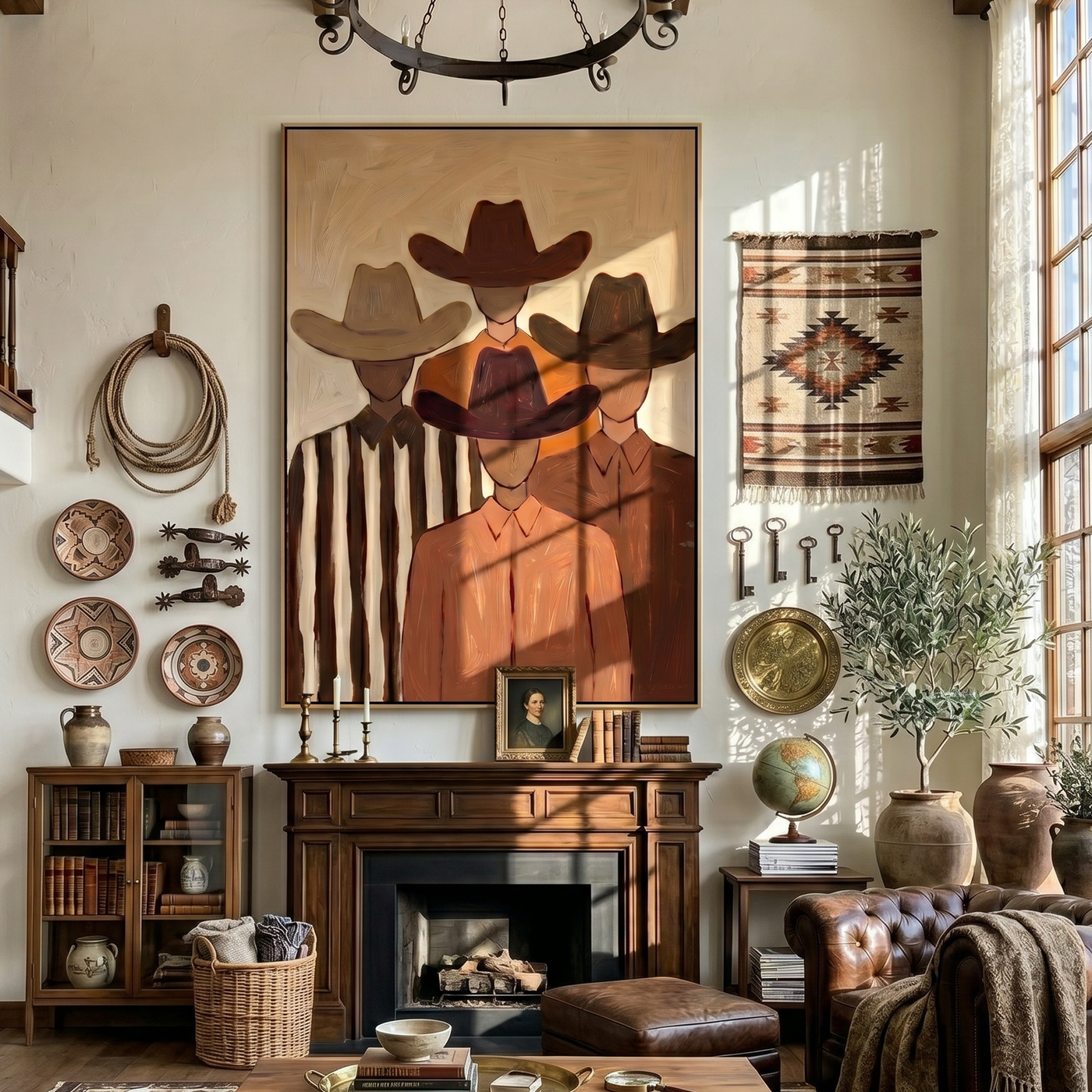 Hidden Trail – brown and black modern folk art cowboy & cowgirl art, vertical hand-painted canvas art – view 3