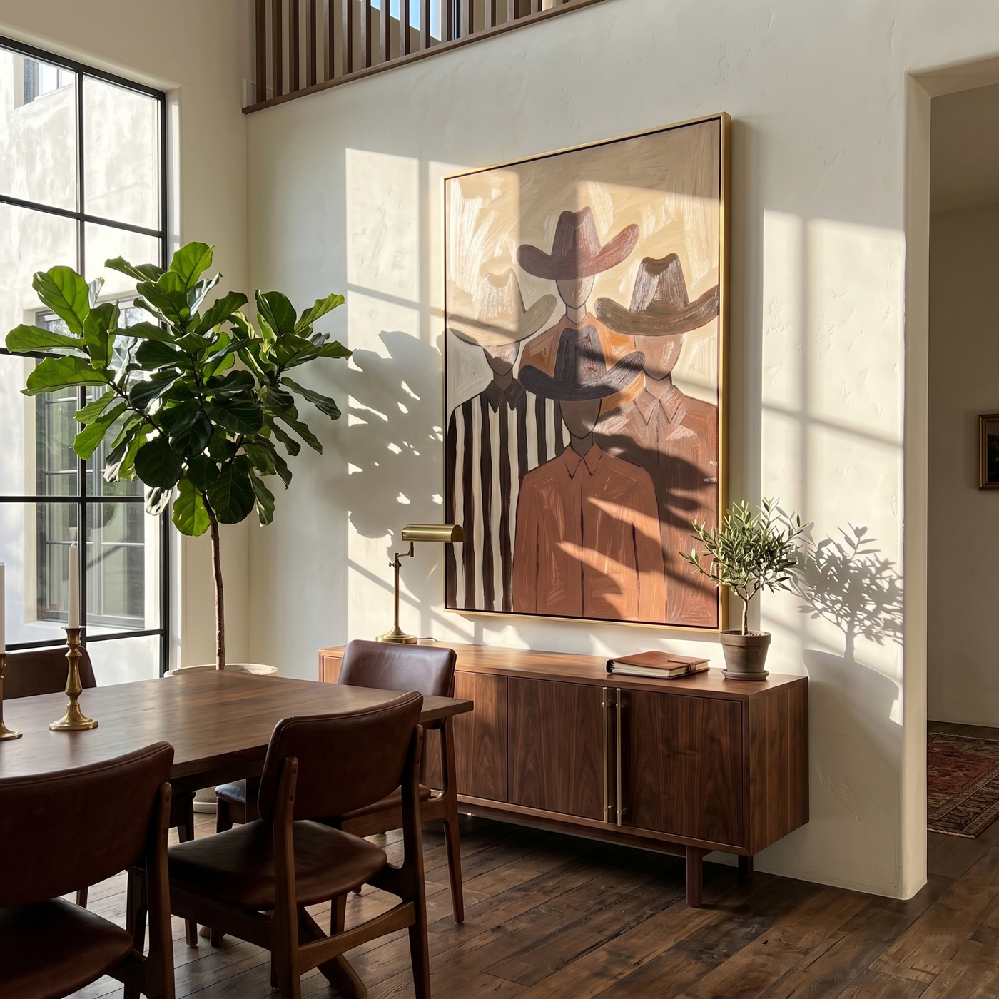 Hidden Trail – brown and black modern folk art cowboy & cowgirl art, vertical hand-painted canvas art – view 4