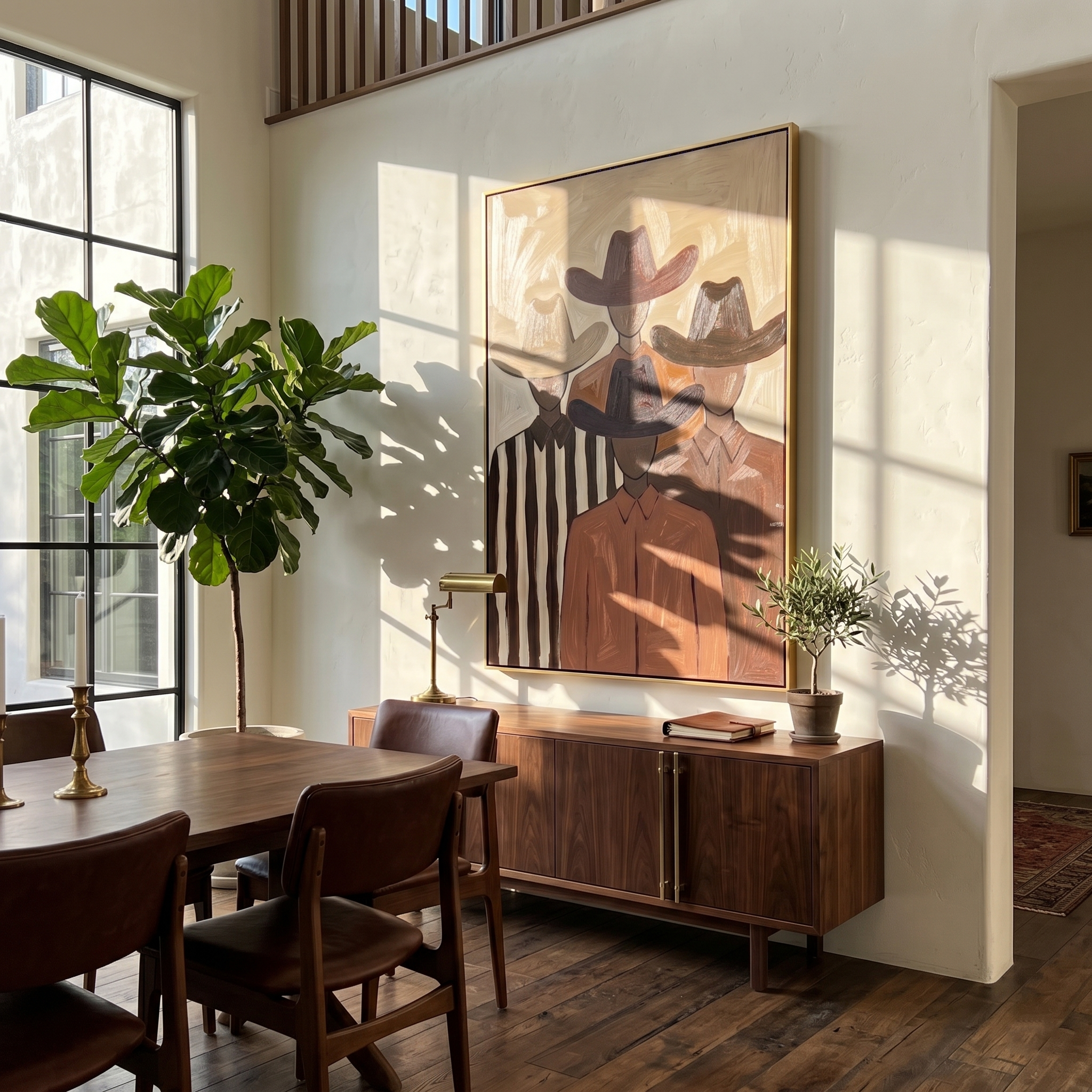Hidden Trail – brown and black modern folk art cowboy & cowgirl art, vertical hand-painted canvas art – view 4