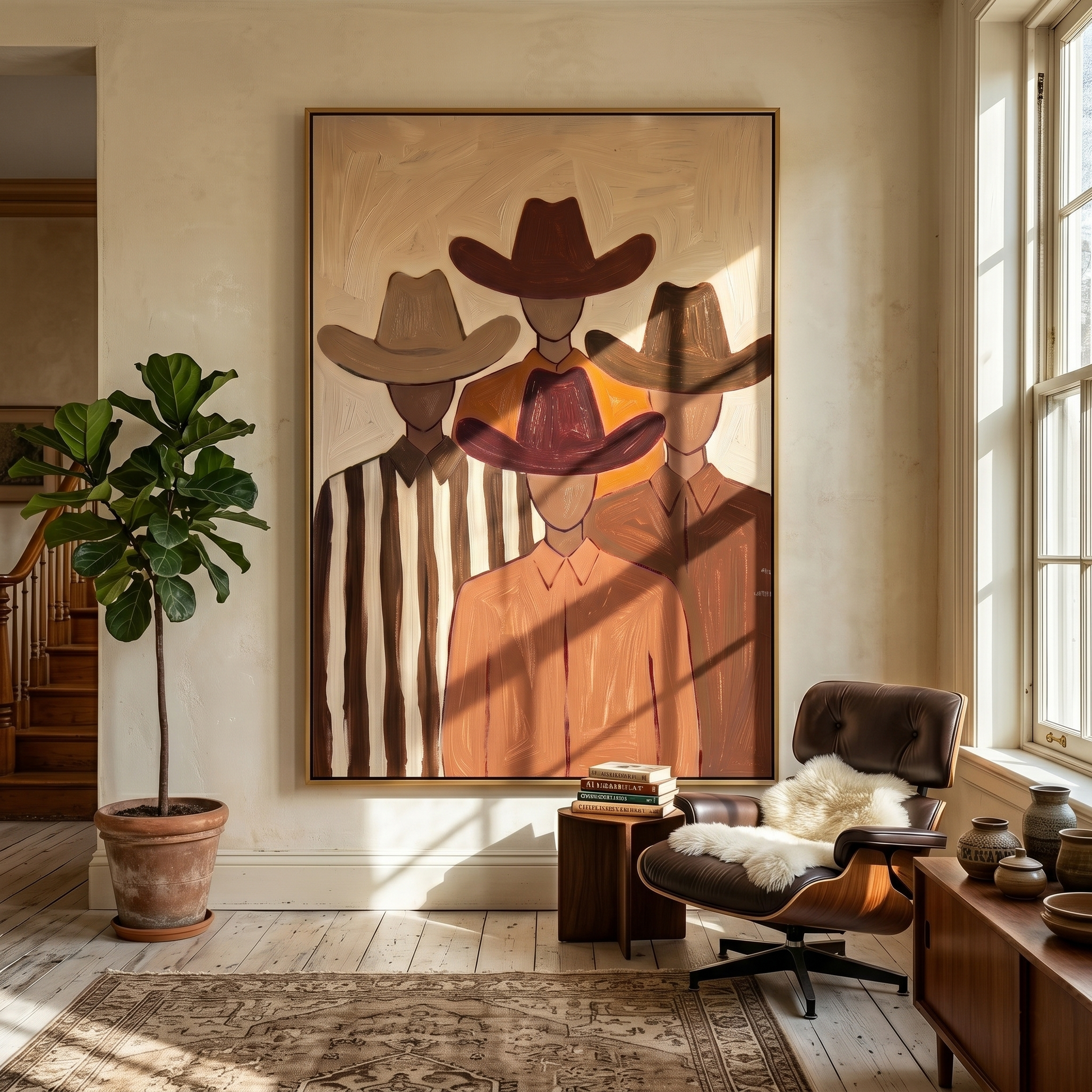 Hidden Trail – brown and black modern folk art cowboy & cowgirl art, vertical hand-painted canvas art – view 5