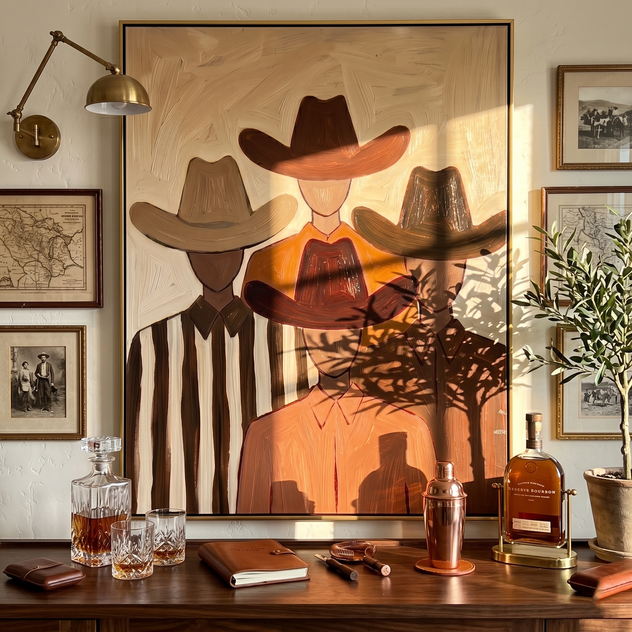 Hidden Trail – brown and black modern folk art cowboy & cowgirl art, vertical hand-painted canvas art – view 6