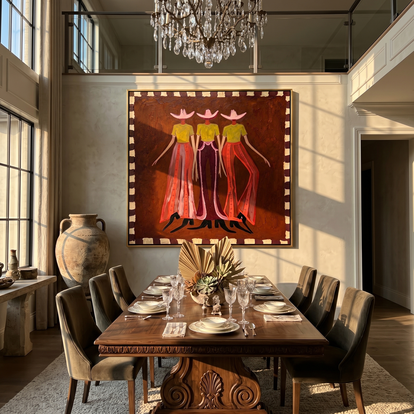 Meadow Crossing – brown and red modern folk art cowboy & cowgirl art, square hand-painted canvas art – view 2