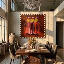 Meadow Crossing – brown and red modern folk art cowboy & cowgirl art, square hand-painted canvas art – view 2