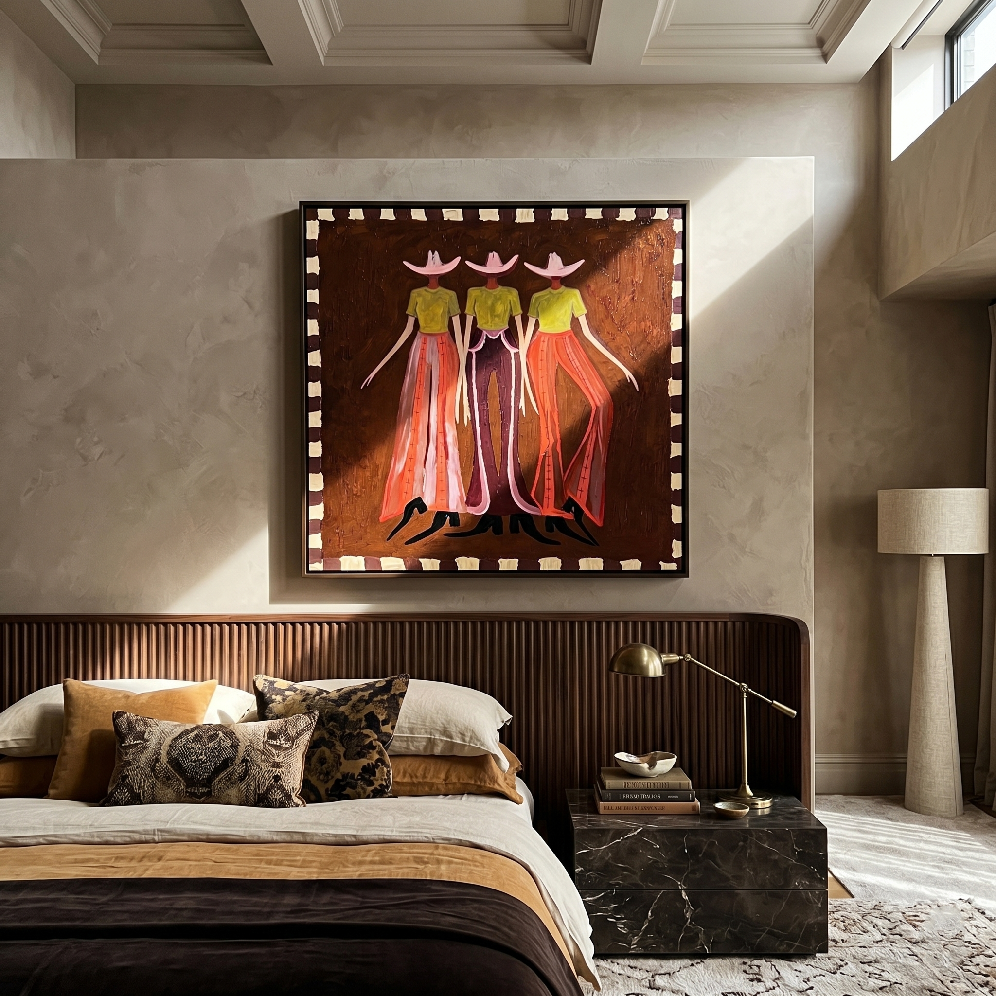 Meadow Crossing – brown and red modern folk art cowboy & cowgirl art, square hand-painted canvas art – view 6