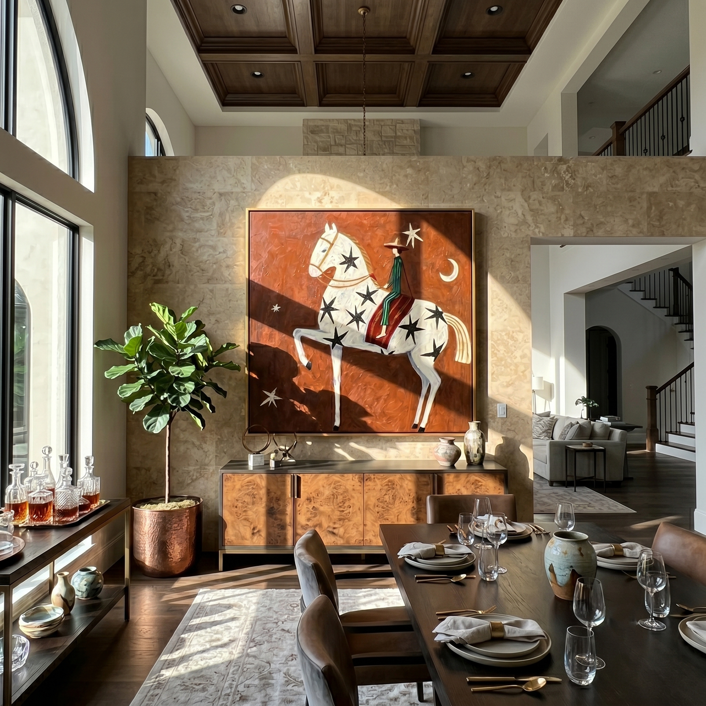 Open Horizon – brown and gold modern folk art cowboy & cowgirl art, square hand-painted canvas art – view 2