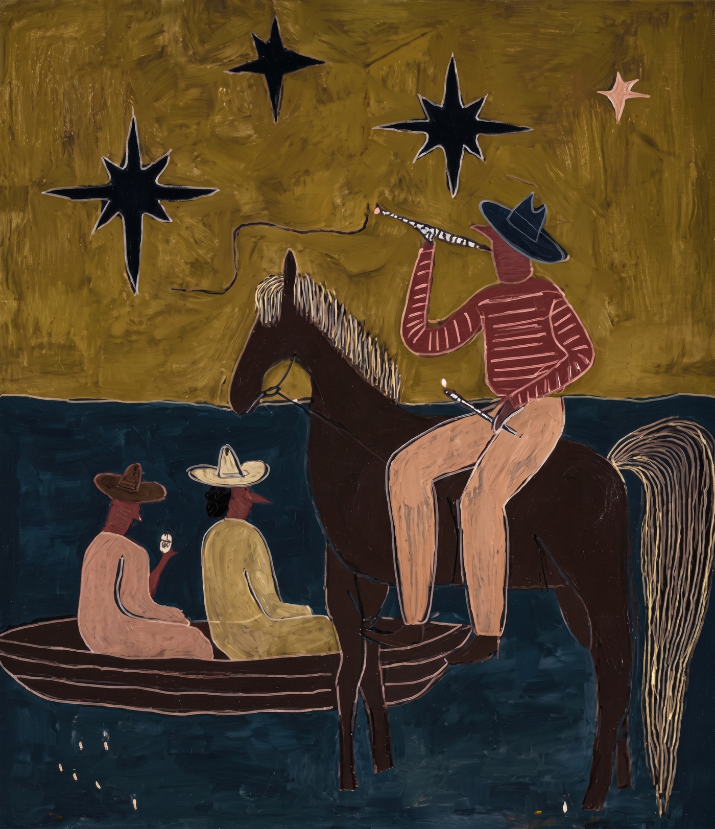 Still Echo – brown and black modern folk art cowboy & cowgirl art, square hand-painted canvas art – view 4