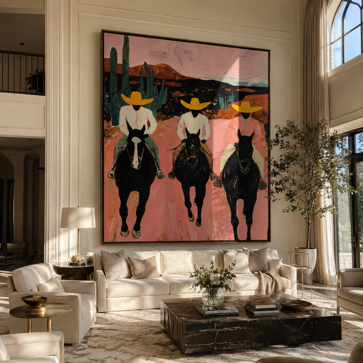 Velvet Light – red and black modern folk art cowboy & cowgirl art, vertical hand-painted canvas art – view 2