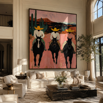 Velvet Light – red and black modern folk art cowboy & cowgirl art, vertical hand-painted canvas art – view 2
