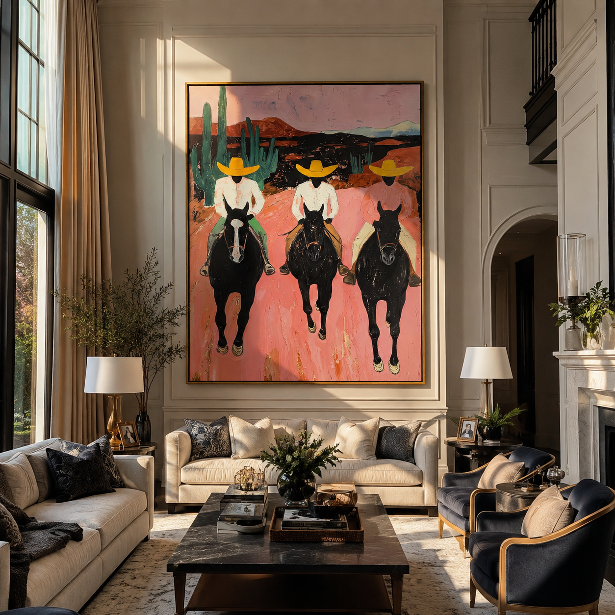 Velvet Light – red and black modern folk art cowboy & cowgirl art, vertical hand-painted canvas art – view 3