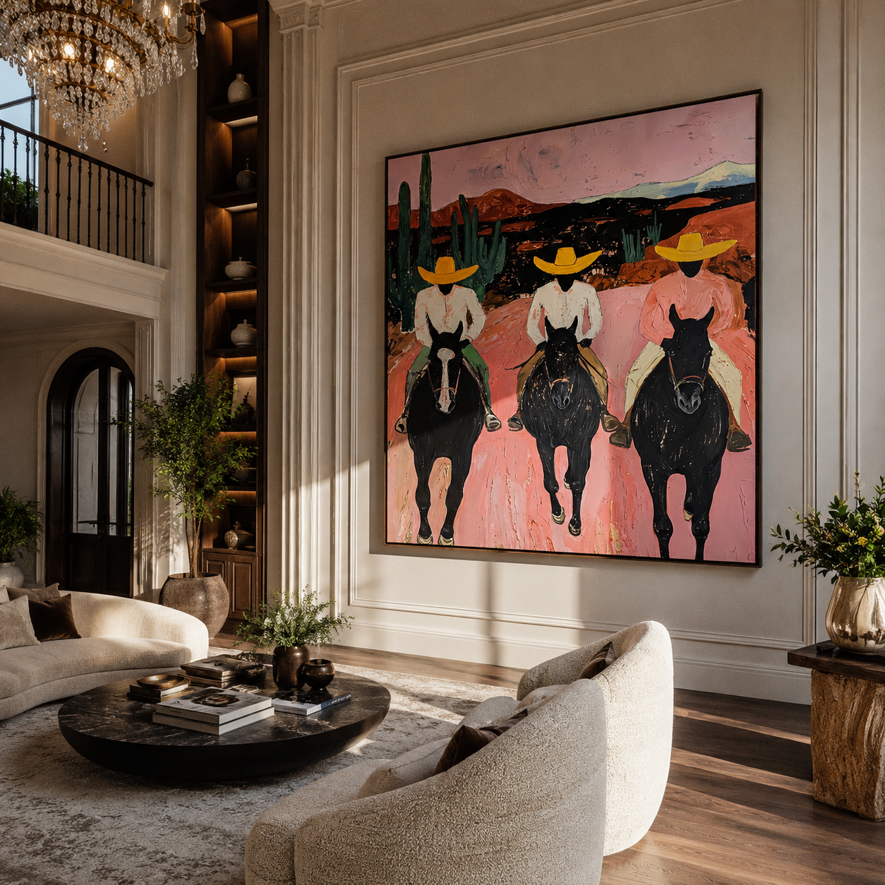 Velvet Light – red and black modern folk art cowboy & cowgirl art, vertical hand-painted canvas art – view 4