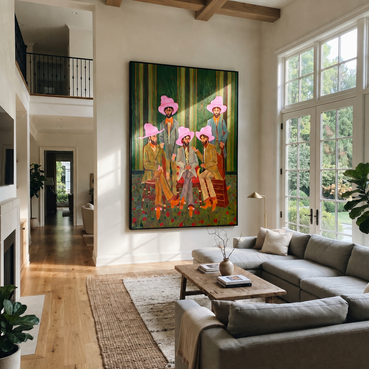 Pink Hats Gather at Dawn - five pink hat cowboys painting by Savannah Reed, modern folk art vertical wall art – styled room scene view 1